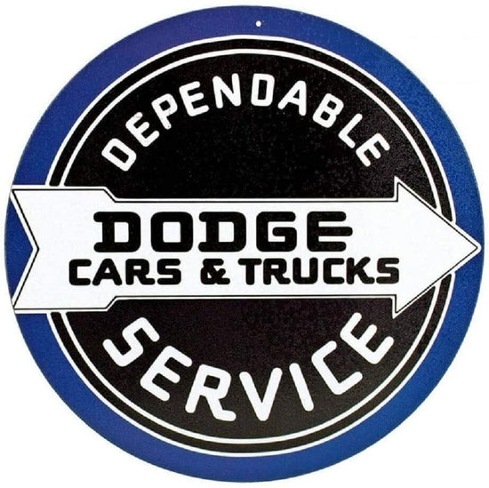 DEPENDABLE DODGE CAR AND TRUCK SERVICE ROUND TIN SIGN BOYS RAM CHARGER