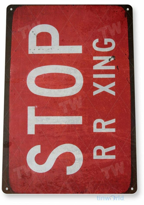 STOP RR XING TIN SIGN AUTO AUTOMOBILE MECHANIC ADVERTISEMENT RAILROAD CROSSING