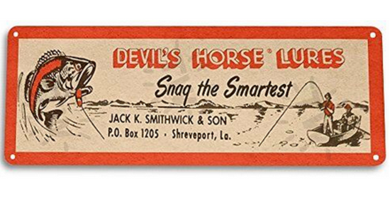 DEVILS HORSE FISHING LURE TIN SIGN 11x4 inch  SMITHWICK SNAG THE SMARTEST WOOD