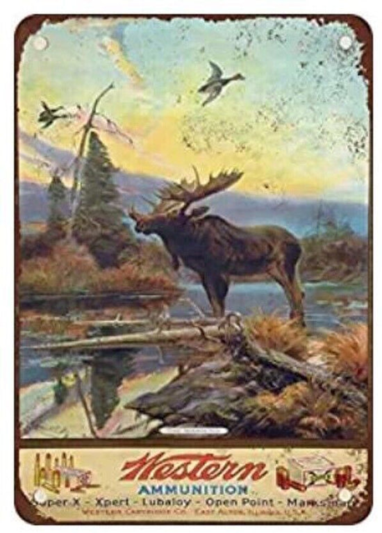 WESTERN AMMUNITION TIN SIGN FIREARMS SHOTGUN MOOSE DUCK CAMO DEER BUCK FEVER