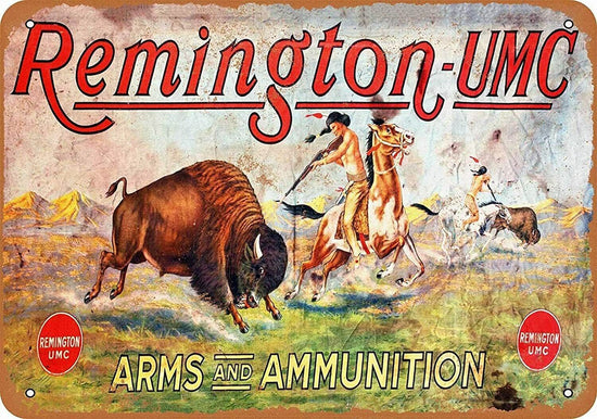 REMINGTON TIN SIGN UMC ALL WEATHER ALL TIMES NEW YORK ARMS AND AMMUNITION INDIAN