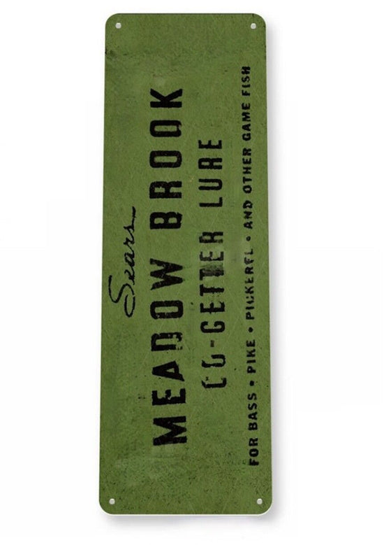 MEADOW BROOK 6x18 INCH TIN SIGN FINE FISHING TACKLE CATCH FISH GO-GETTER BASS