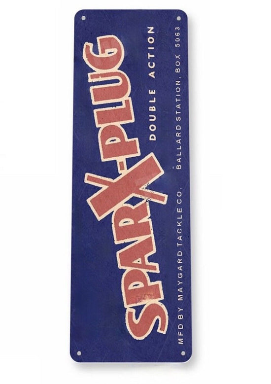 SPARX PLUG FISHING LURE TIN SIGN DOUBLE ACTION MAYGARD WOOD PLUG BLACK SKELETON