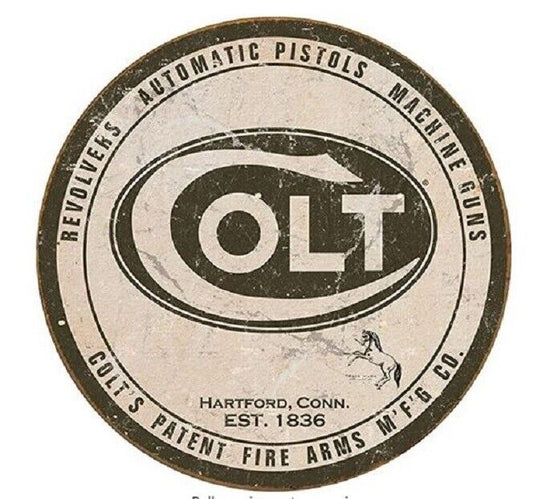 COLT FIREARMS ROUND TIN SIGN SAM REPEATING ARM PISTOL BULLET AMMUNITION AD