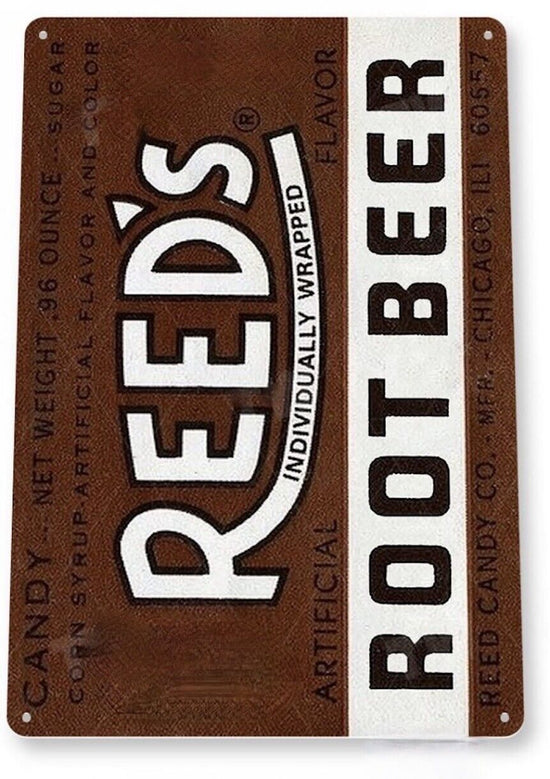 REEDS INDIVIDUALLY WRAPPED ROOT BEER CANDY TIN SIGN REED COMPANY BARREL CHICAGO
