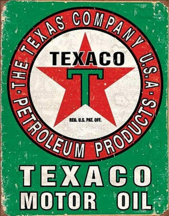 TEXACO TIN SIGN MOTOR OIL THE TEXAS COMPANY LEAVES NO CARBON USA PETROLEUM