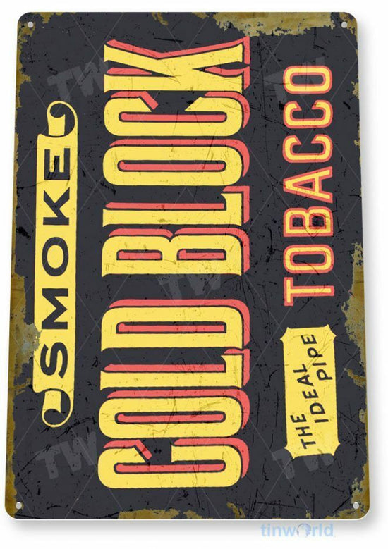 GOLD BLOCK 12X18 INCH TIN SIGN TOBACCO SNUFF CIGARETTE PIPE TOBACCIANA DEALER
