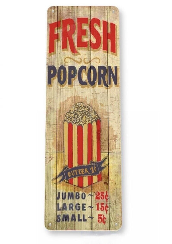 FRESH POPCORN TIN SIGN SMALL LARGE JUMBO BUTTERED CARAMEL POPPER MOVIE THEATRE