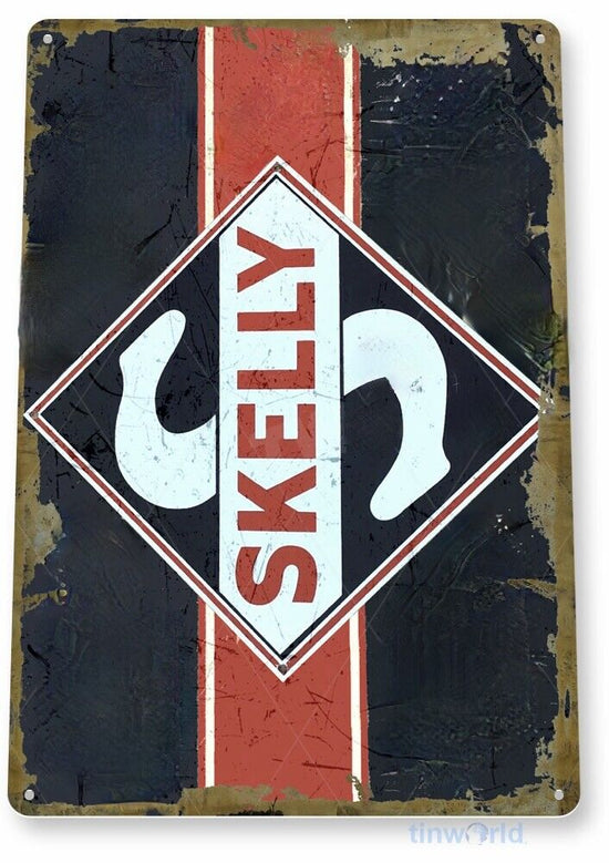 SKELLY TIN SIGN GASOLINE BILL SANKY OIL COMPANY GETTY GAS STATION RUSTY CAN