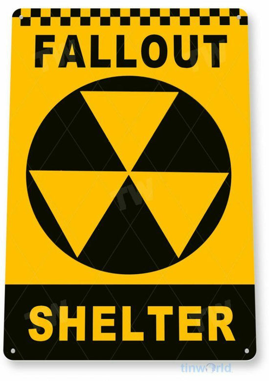 FALLOUT SHELTER 11 X 8 TIN SIGN AUTO AUTOMOBILE MECHANIC ADVERTISEMENT STATION