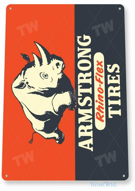 ARMSTRONG TIRES 11 x 8 TIN SIGN AUTO AUTOMOBILE MECHANIC ADVERTISEMENT RHINO