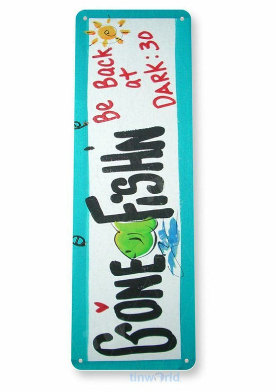 GONE FISHIN 11X4 TIN SIGN HOME GARAGE REPRODUCTION TIN SIGN RUSTIC FISHING LURE