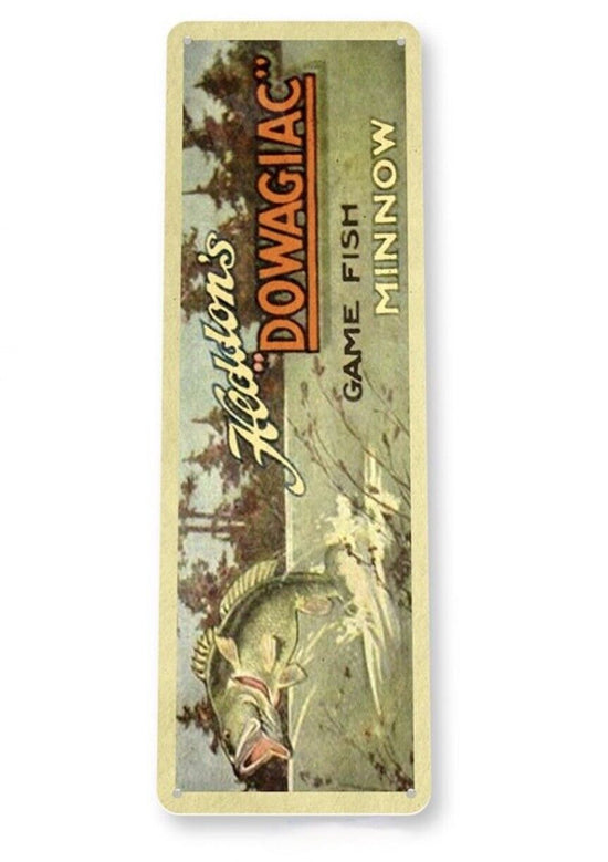HEDDONS DOWAGIAC 6x18 INCH TIN SIGN FINE FISHING TACKLE CATCH FISH LURE BASS