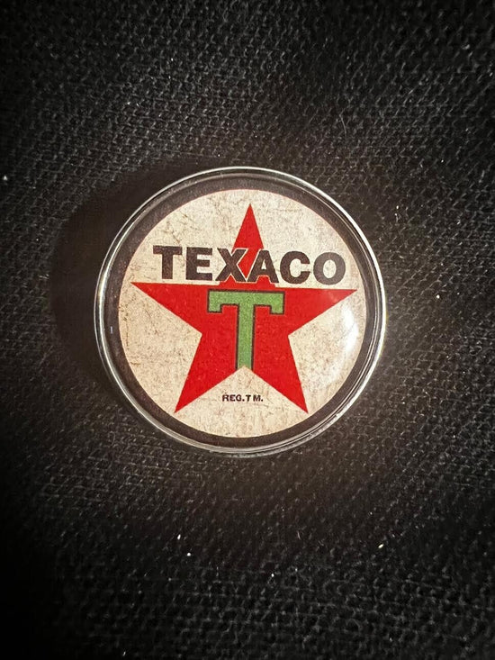 TEXACO GAS AND OIL ROUND LAPEL PIN - BACKPACK- SHIRT - HAT - 1" IN DIAMETER