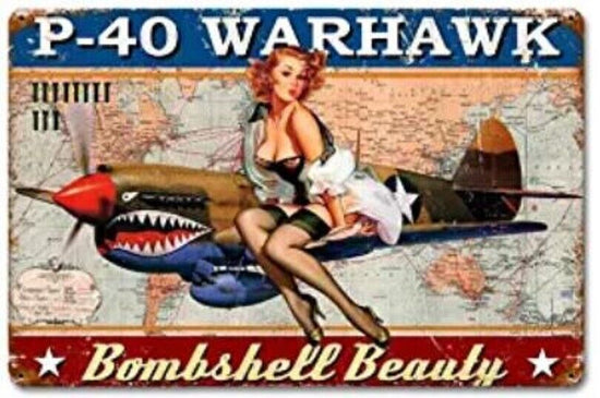 P-40 WARHAWK TIN SIGN BOMBSHELL WW 2 HARLOW MONROE HAYWORTH BARDOT RUSSELL 1.00