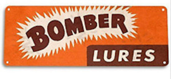 BOMBER 6x18 INCH TIN SIGN FINE FISHING TACKLE CATCH FISH LURE BASS DIVING PLUG