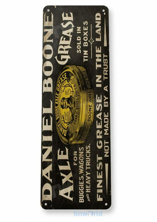 DANIEL BOONE AXLE GREASE 11 X 4 TIN SIGN AUTO AUTOMOBILE MECHANIC ADVERTISEMENT