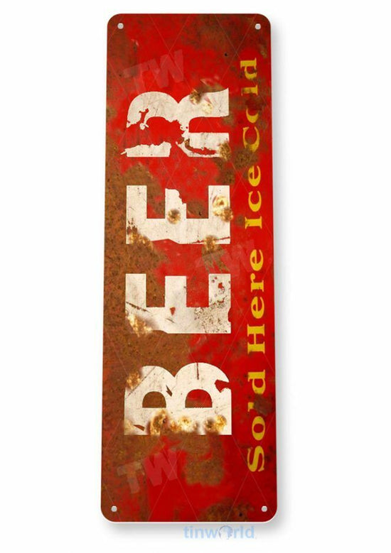 BEER SERVED HERE 11X4 TIN SIGN BREW BAR PUB BREWING COMPANY ICE COLD RUSTIC