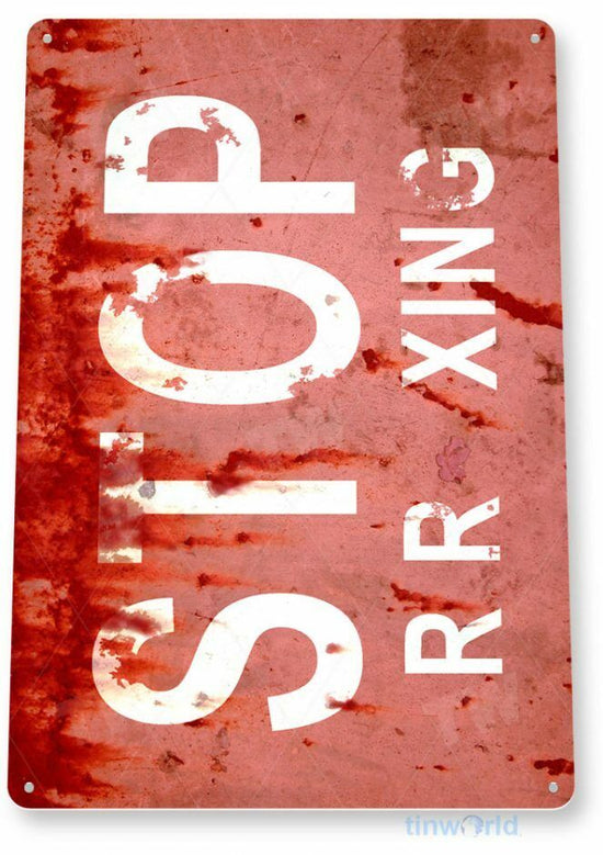 STOP RR XING 11 x 8 TIN SIGN AUTO AUTOMOBILE MECHANIC ADVERTISEMENT RAILROAD