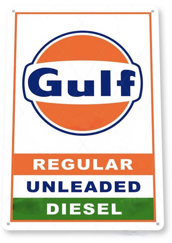 GULF GASOLINE TIN SIGN REFINING COMPANY PITTSBURGH PA SOLD HERE UNLEADED REGULAR