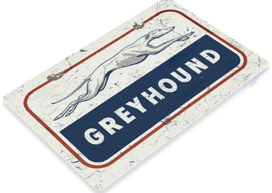 GREYHOUND TIN SIGN BUS LINES ATLANTIC TICKET OFFICE DOG RACES GO LEAVE DRIVING
