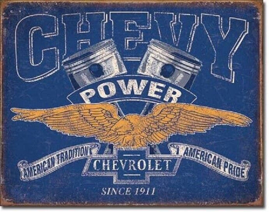 CHEVY POWER TIN SIGN CHEVROLET SINCE 1911 CORVETTE NOVA CHEVELLE CAMARO LS7 427