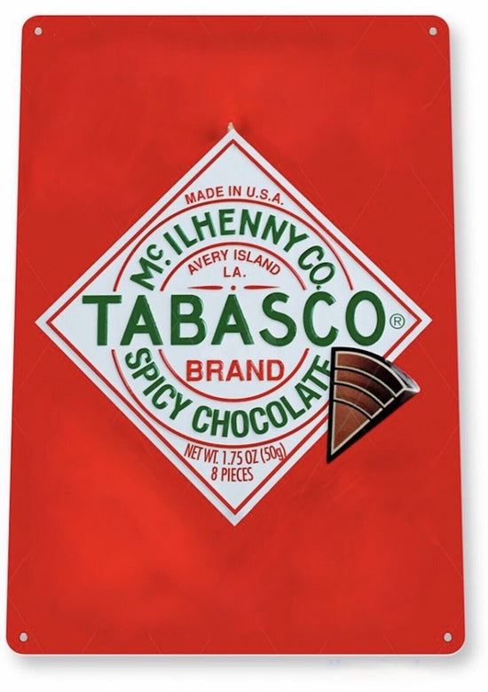 TOBASCO BRAND CHOCOLATE TIN SIGN SPICY MCILHENNY CO AVERY ISLAND LOUISIANA LA
