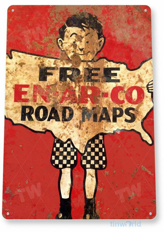 EN-AR-CO 11 x 8 TIN SIGN AUTO AUTOMOBILE MECHANIC ADVERTISEMENT ENARCO FREE MAPS