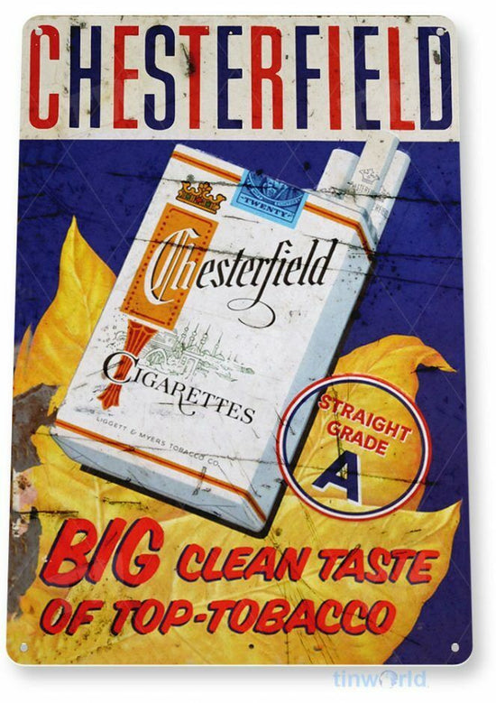 CHESTERFIELD 11X8 TIN SIGN TOBACCO SNUFF CIGARETTE PIPE TOBACCIANA CIGAR BOX AD
