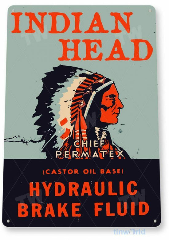 INDIAN HEAD BRAKE FLUID 11 X 8 TIN SIGN AUTO AUTOMOBILE MECHANIC ADVERTISEMENT