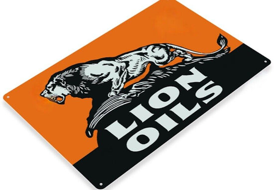 LION OIL TIN SIGN PETROLEUM PRODUCTS HEAT RESISTANT LUBRICANT TRADING TRANSPORT