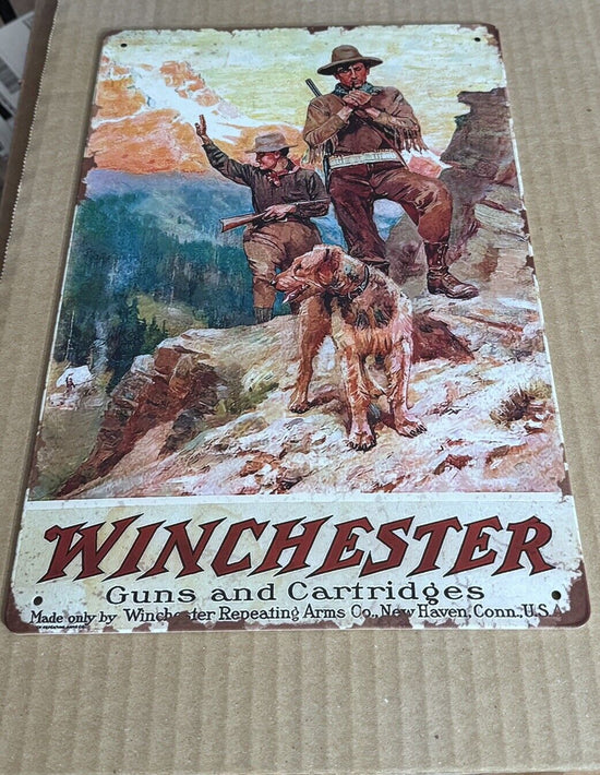 Winchester Guns & Cartridges TWO HUNTERS Metal Tin Sign Used 12x8 Inch Man Cave