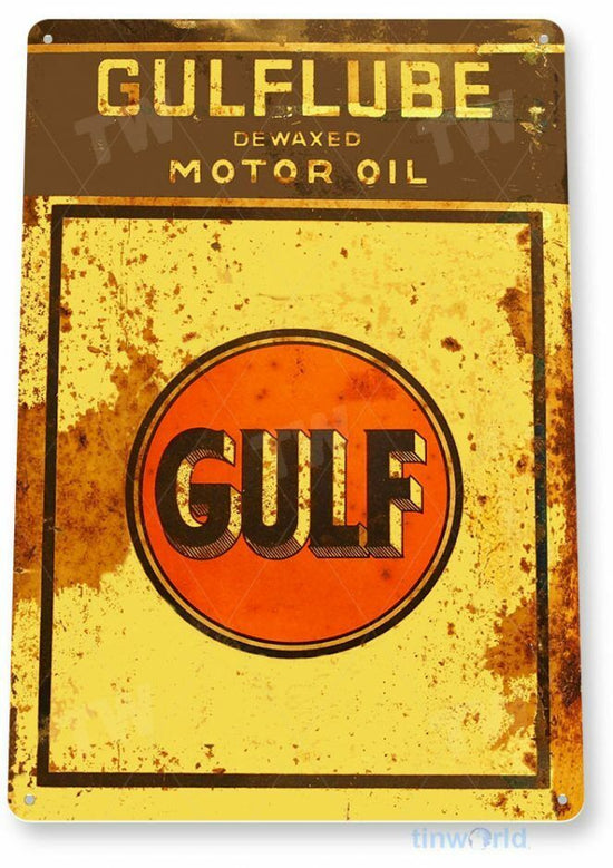 GULF OIL 11 X 8 TIN SIGN AUTO AUTOMOBILE MECHANIC ADVERTISEMENT CAR GAS AND OIL