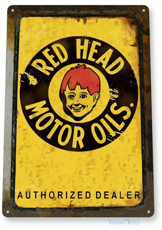 RED HEAD OILS 11 X 8 TIN SIGN AUTO AUTOMOBILE MECHANIC ADVERTISEMENT STATION