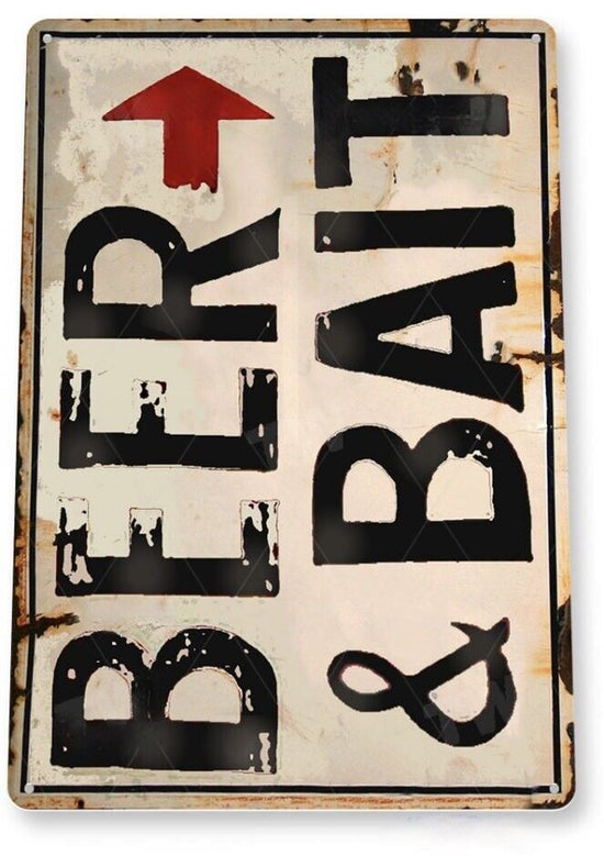 BEER BAIT TIN SIGN FISHING ROD REEL BEER BAIT NET MINNOW BUCKET WORMS 11 x 8
