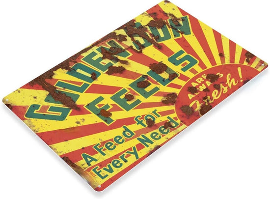 GOLDEN SUN FEEDS TIN SIGN A FEED FOR EVERY NEED ALWAYS FRESH ESTHERVILLE 12x18