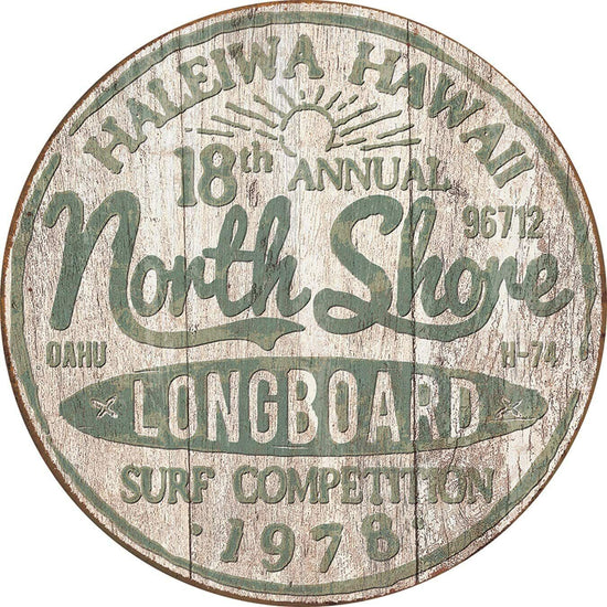 NORTH SHORE LONGBOARD ROUND TIN SIGN HALEIWA HAWAII OAHU COMPETITION 1978