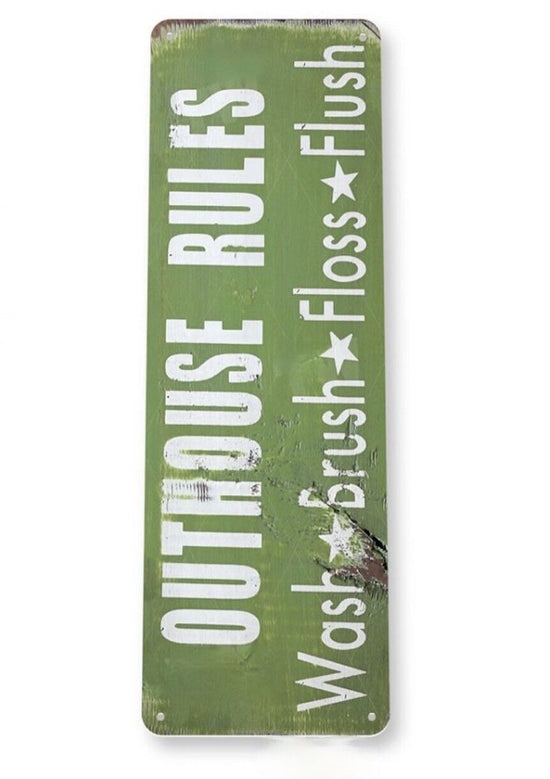 OUTHOUSE RULES TIN SIGN WASH BRUSH FLOSS FLUSH MOON WATER CLOSET COUNTRY LIME