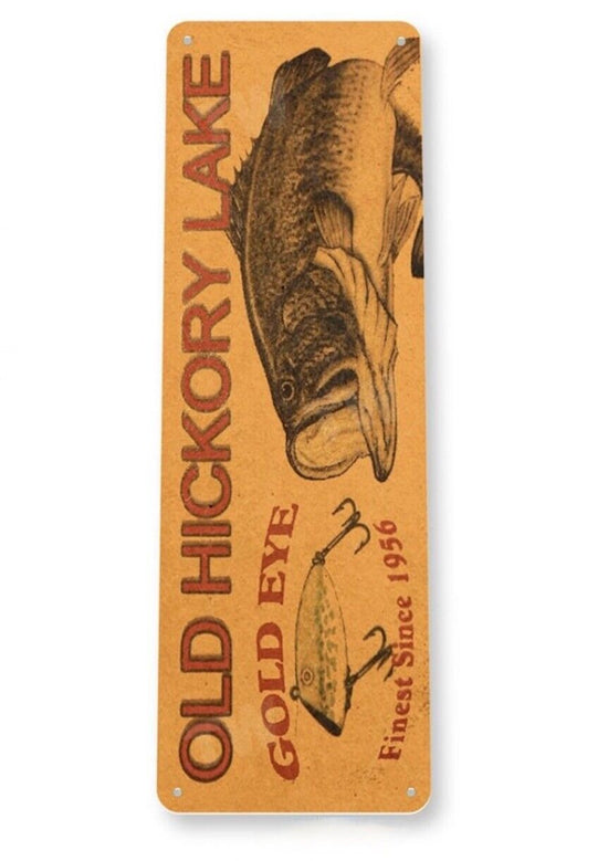 OLD HICKORY LAKE GOLD EYE LURE TIN SIGN BASS FISHING LARGEMOUTH BAITS BOX