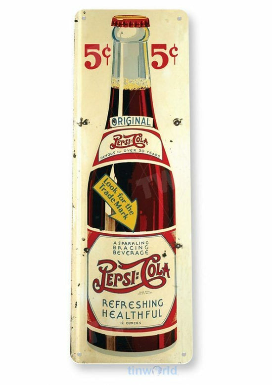 PEPSI 6x18 TIN SIGN JOY OF REFRESHING HEALTHFUL SPARKILING BEVERAGE 5 CENTS