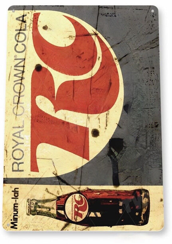 RC COLA TIN SIGN DRINK THE FRESHER REFRESHER ROYAL CROWN BOTTLE CAP TASTE IT