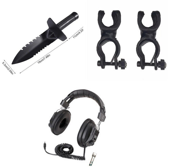 METAL DETECTOR HEADPHONES  DUAL VOLUME CONTROL  + SERRATED DIGGER + MOUNTS