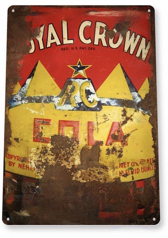 RC COLA TIN SIGN DRINK THE FRESHER REFRESHER ROYAL CROWN RUSTIC WEATHERED AD