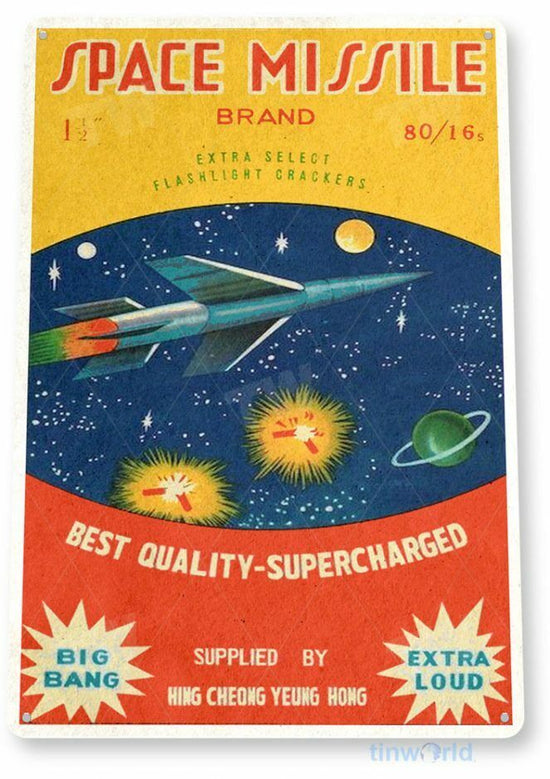 SPACE MISSILE FIRECRACKER 11 x 8 TIN SIGN AUTO AUTOMOBILE MECHANIC ADVERTISEMENT