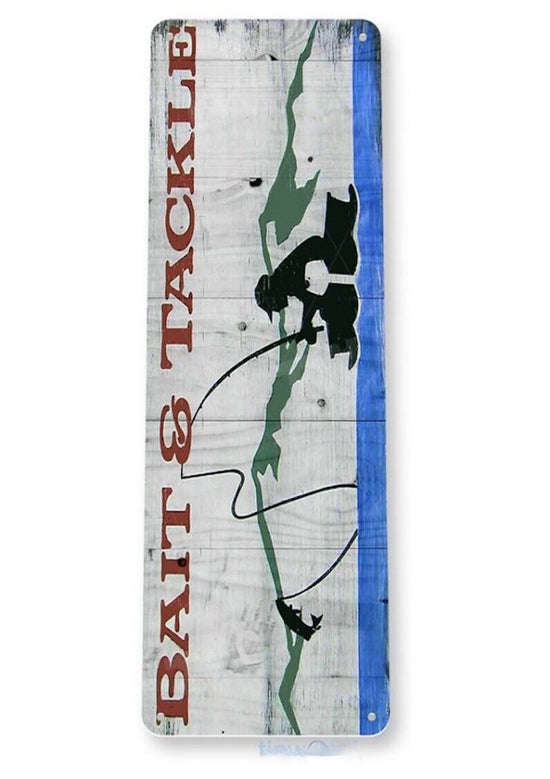 BAIT & TACKLE TIN SIGN FISHING TACKLE ROD REEL BEER BAIT NET MINNOW BUCKET 6x18