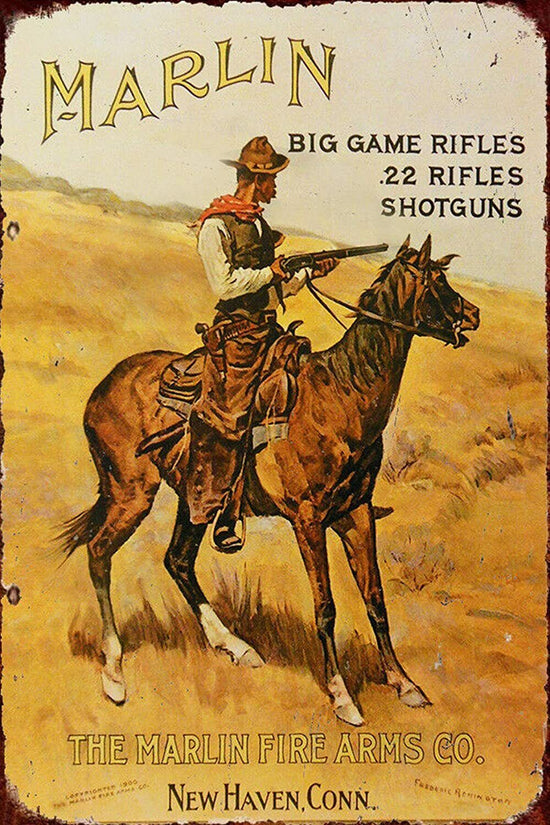MARLIN BIG GAME RIFLES TIN SIGN 22 SHOTGUN FIRE ARMS COMPANY NEW HAVEN BIG HORN