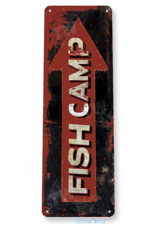 FISH CAMP 11X4 TIN SIGN HOME GARAGE REPRODUCTION TIN SIGN RUSTIC LAKE LURE BAIT