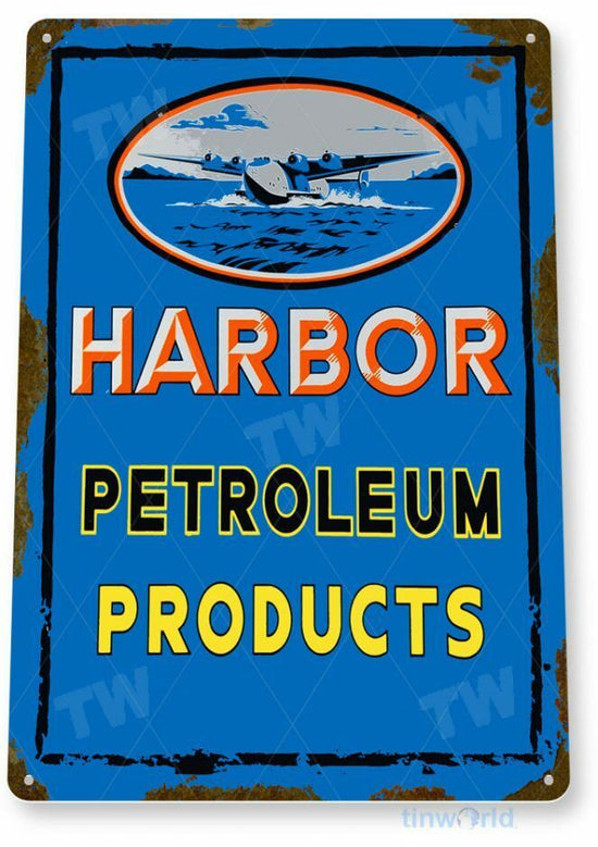 HARBOR PETROLEUM 11 X 8 TIN SIGN AVIATION AIRPLANE AIRCRAFT RETRO LAX AIR