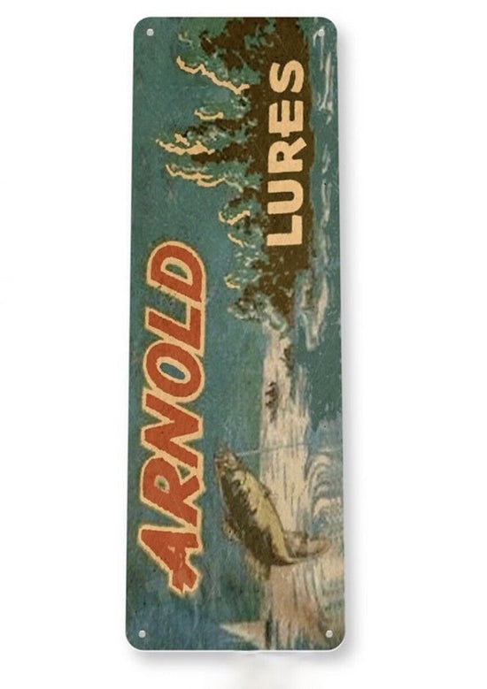 ARNOLD FISHING LURES TIN SIGN WOOD LURE PIKIE PREMIUM ICE FISHING SWIM WHIZZ