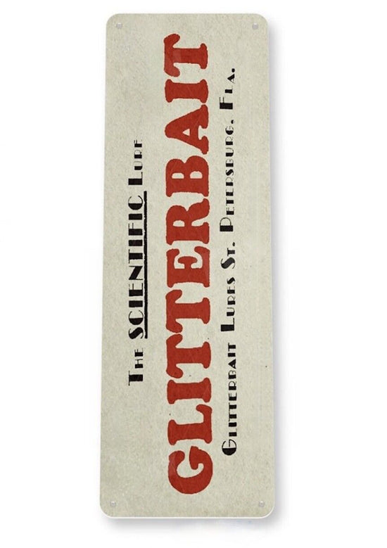 GLITTERBAIT 6x18 INCH TIN SIGN FINE FISHING TACKLE CATCH FISH THE SCIENTIFIC